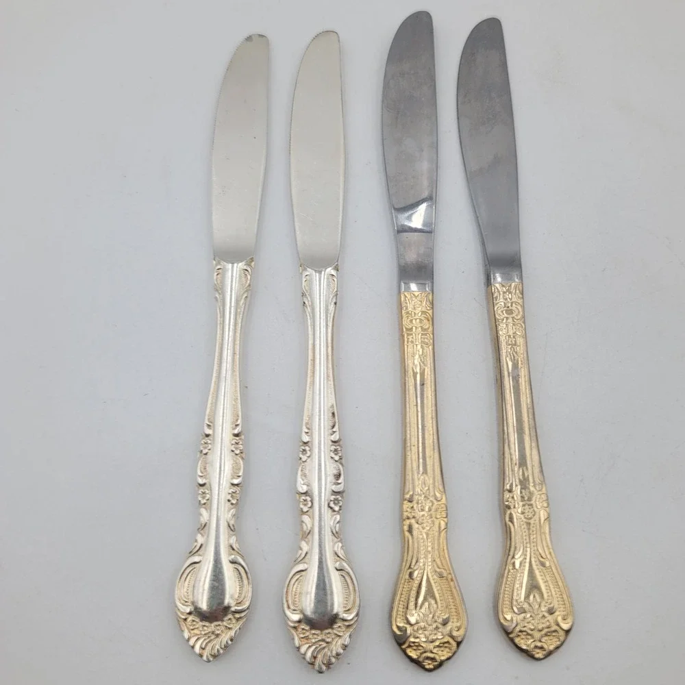 4pc Vintage Ornate Floral Scroll Dinner Knives Silver Gold Tone Mixed Set